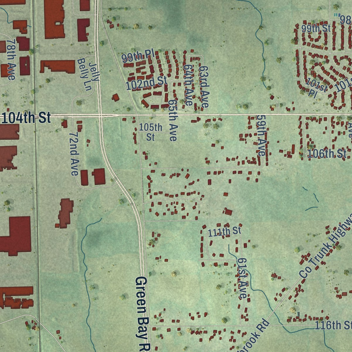 Second close-up of the map of Pleasant Prairie, Wisconsin print showing more streets and buildings