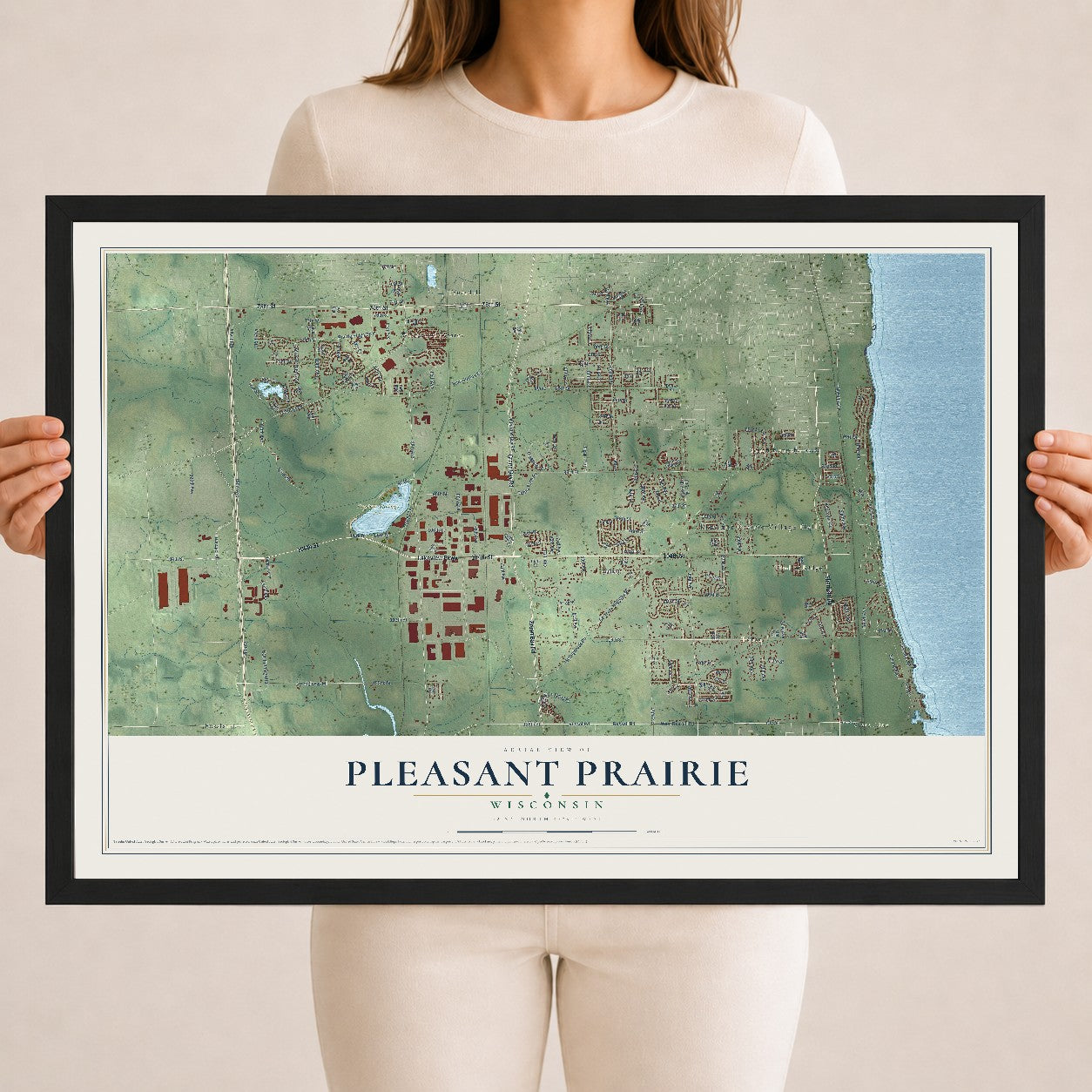 Map of Pleasant Prairie, Wisconsin, 18 x 24 inch print in a black wood frame