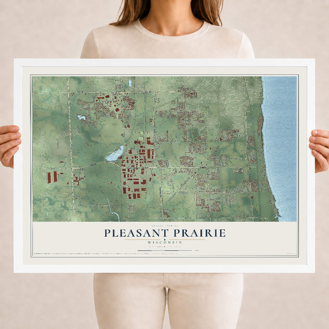 Map of Pleasant Prairie, Wisconsin, 18 x 24 inch print in a white wood frame