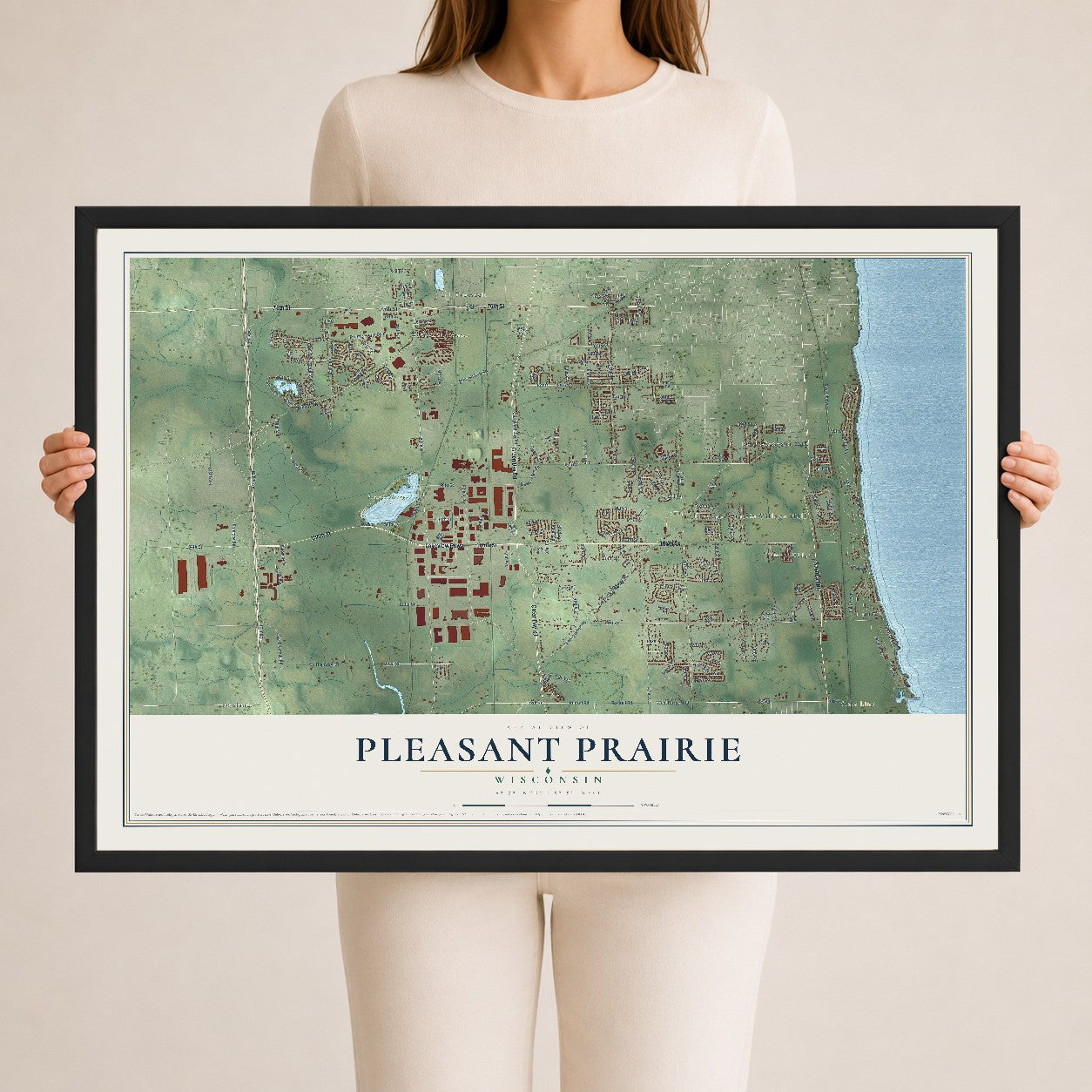 Map of Pleasant Prairie, Wisconsin, 24 x 36 inch print in a black wood frame