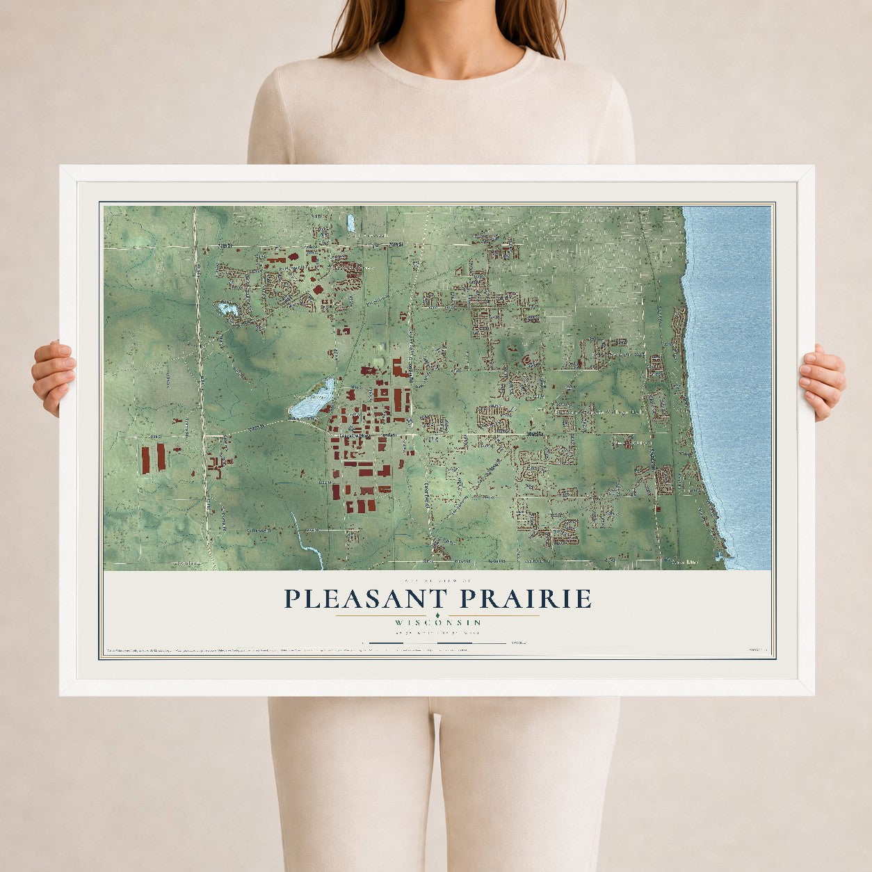 Map of Pleasant Prairie, Wisconsin, 24 x 36 inch print in a white wood frame