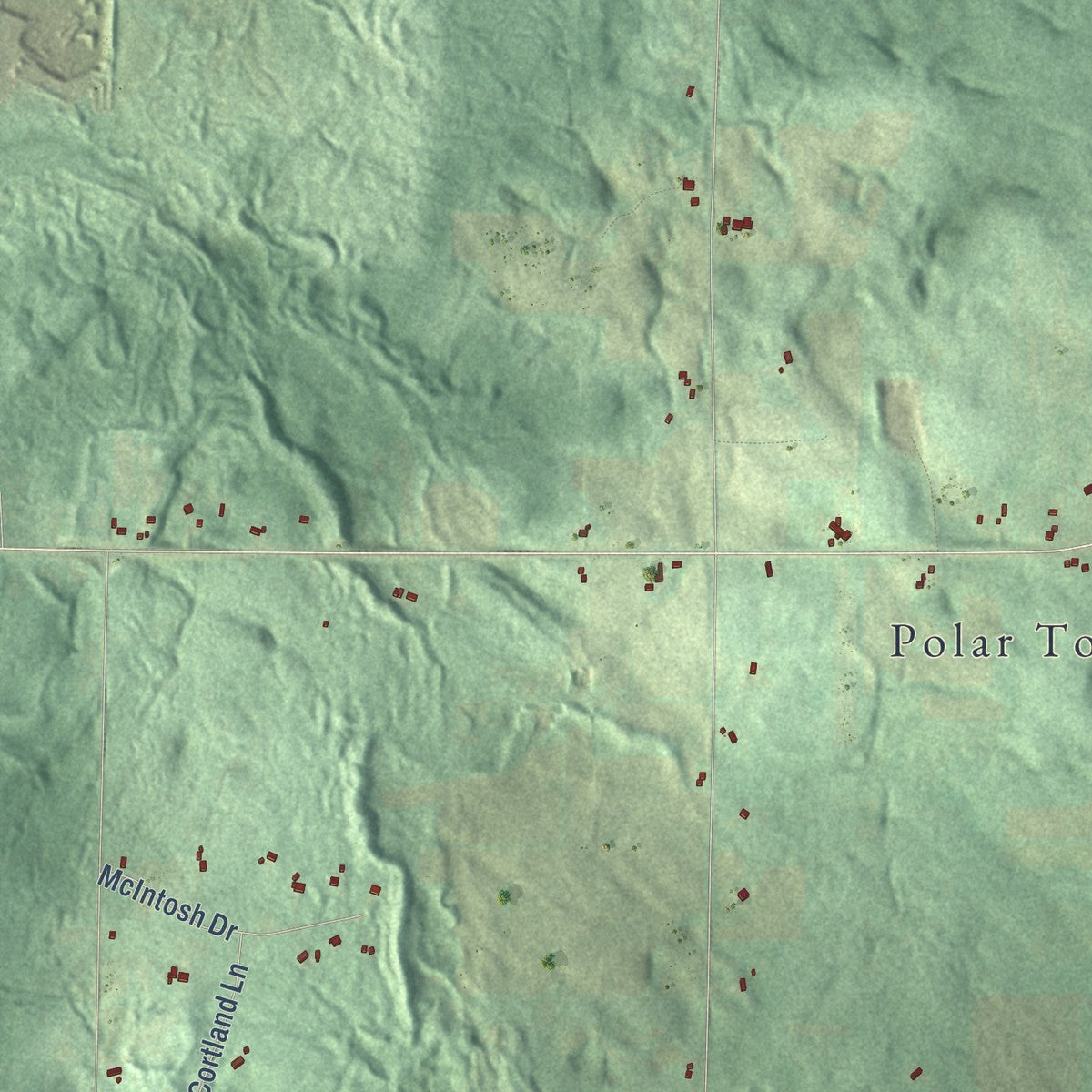 Close-up of the map of Polar, Wisconsin print showing street and building detail