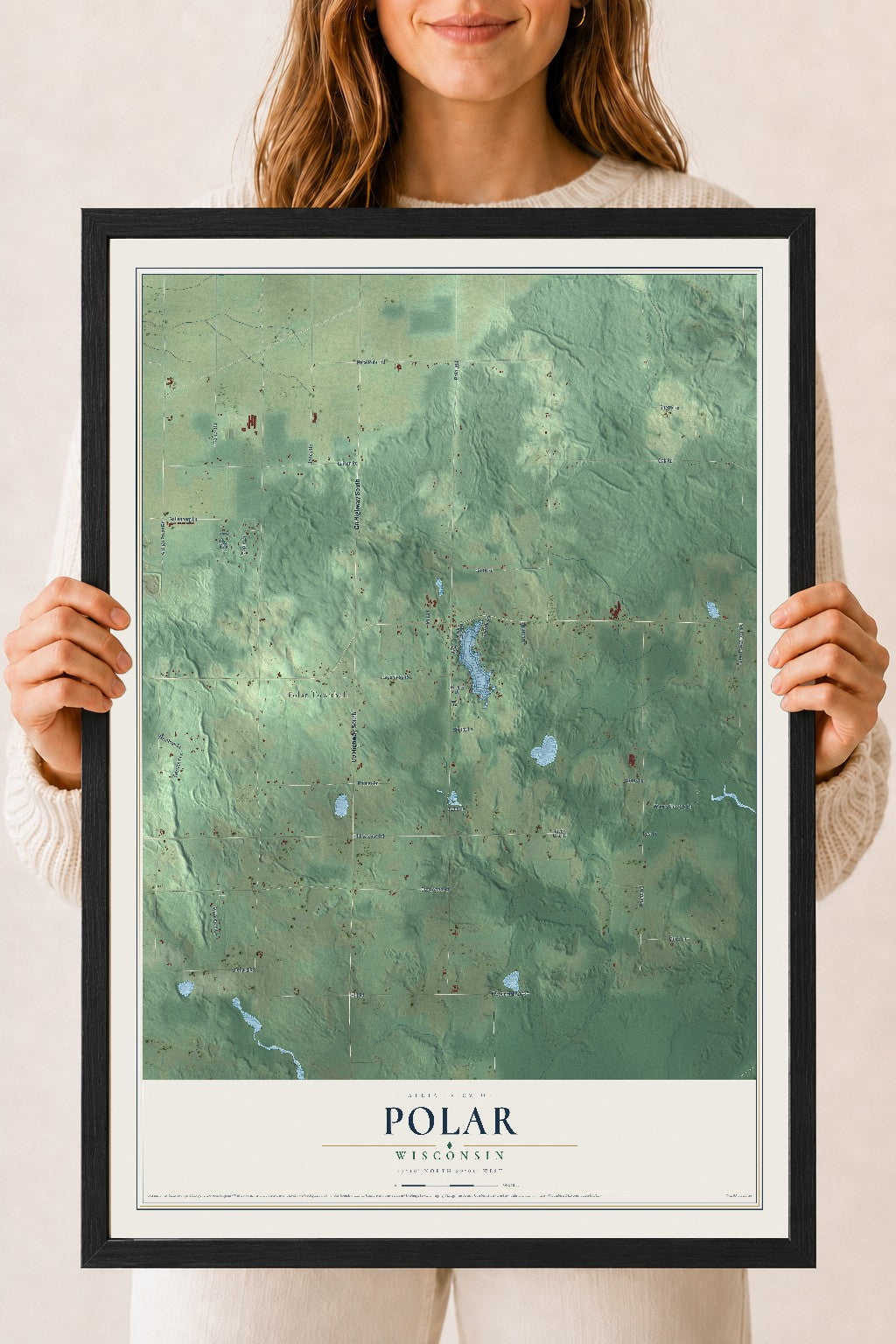 Map of Polar, Wisconsin, 18 x 24 inch print in a black wood frame