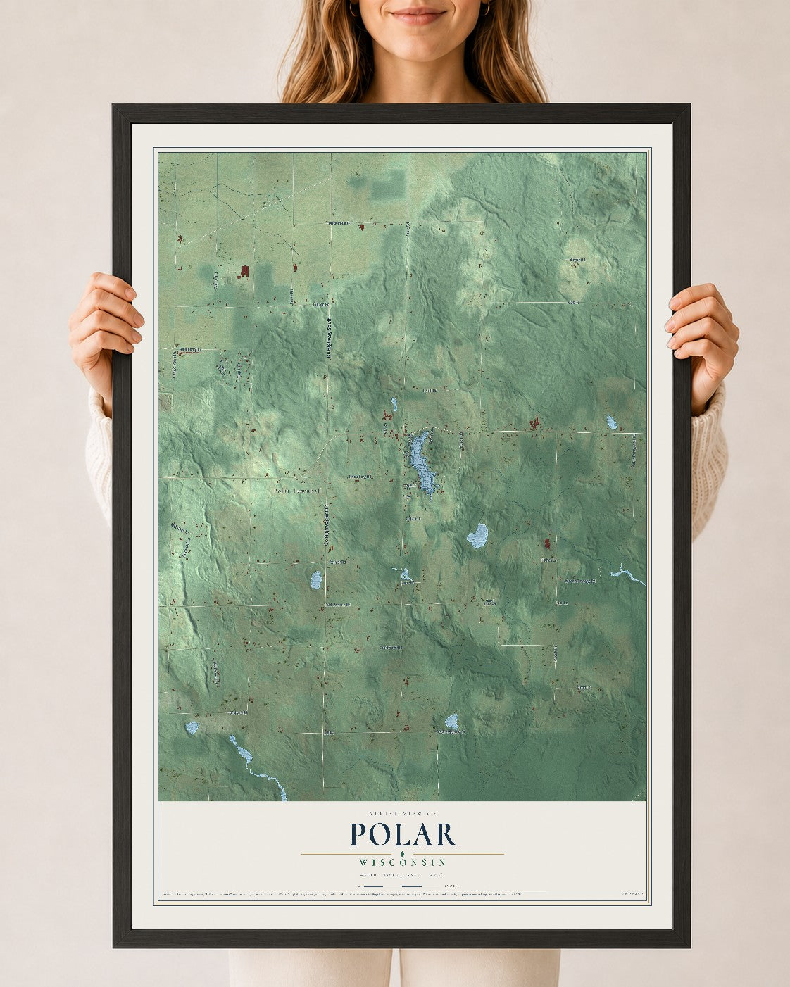 Map of Polar, Wisconsin, 24 x 36 inch print in a black wood frame