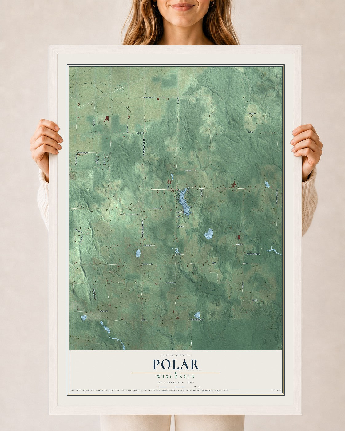Map of Polar, Wisconsin, 24 x 36 inch print in a white wood frame