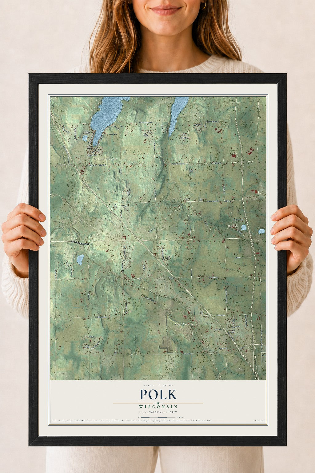 Map of Polk, Wisconsin, 18 x 24 inch print in a black wood frame
