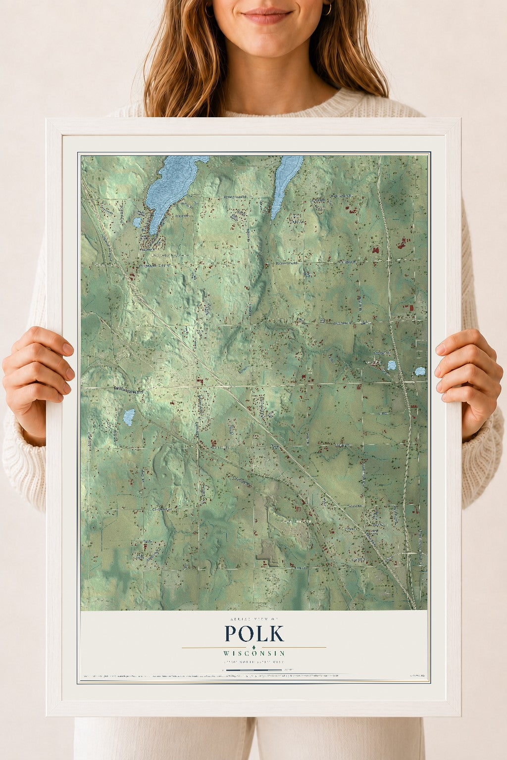 Map of Polk, Wisconsin, 18 x 24 inch print in a white wood frame