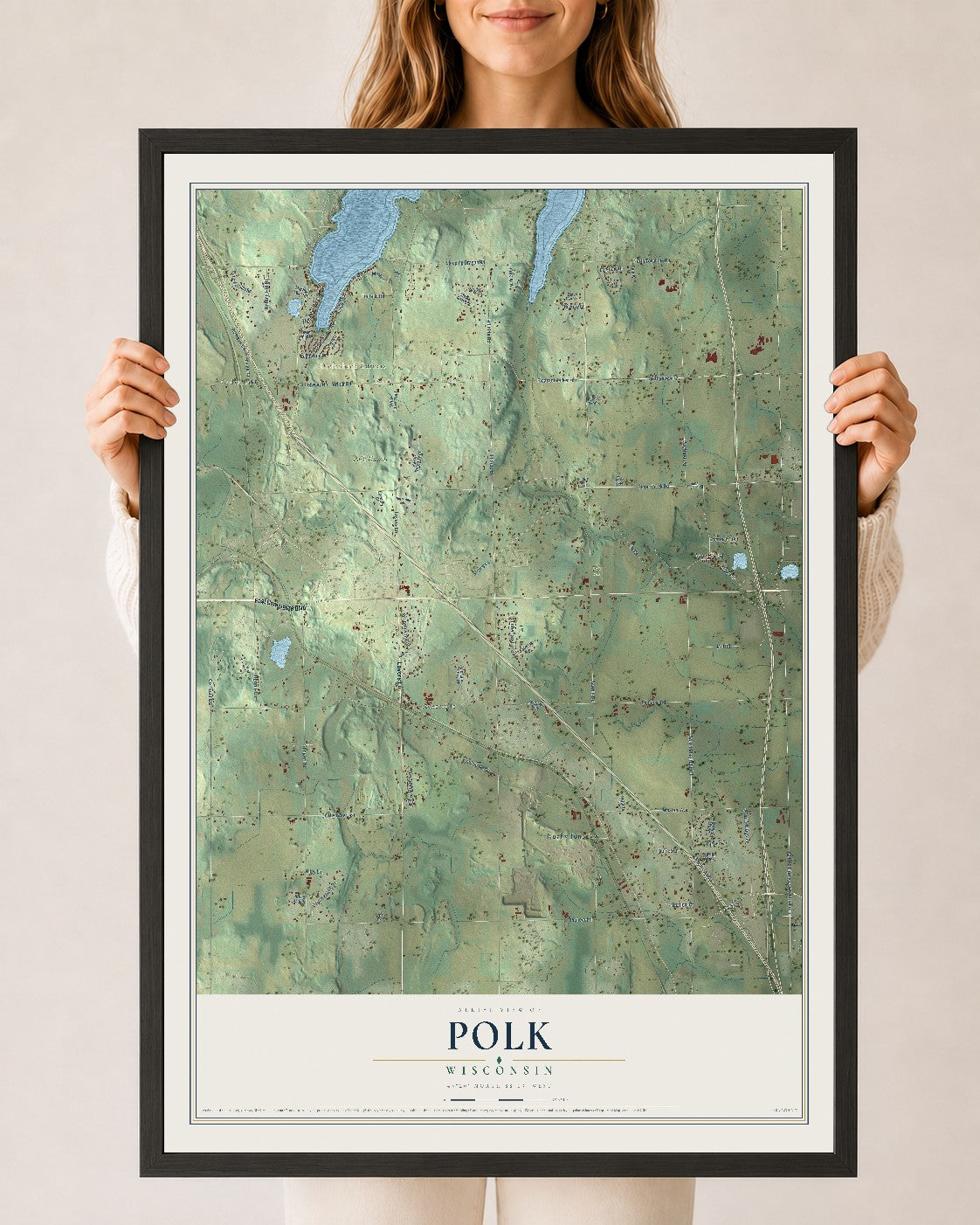 Map of Polk, Wisconsin, 24 x 36 inch print in a black wood frame
