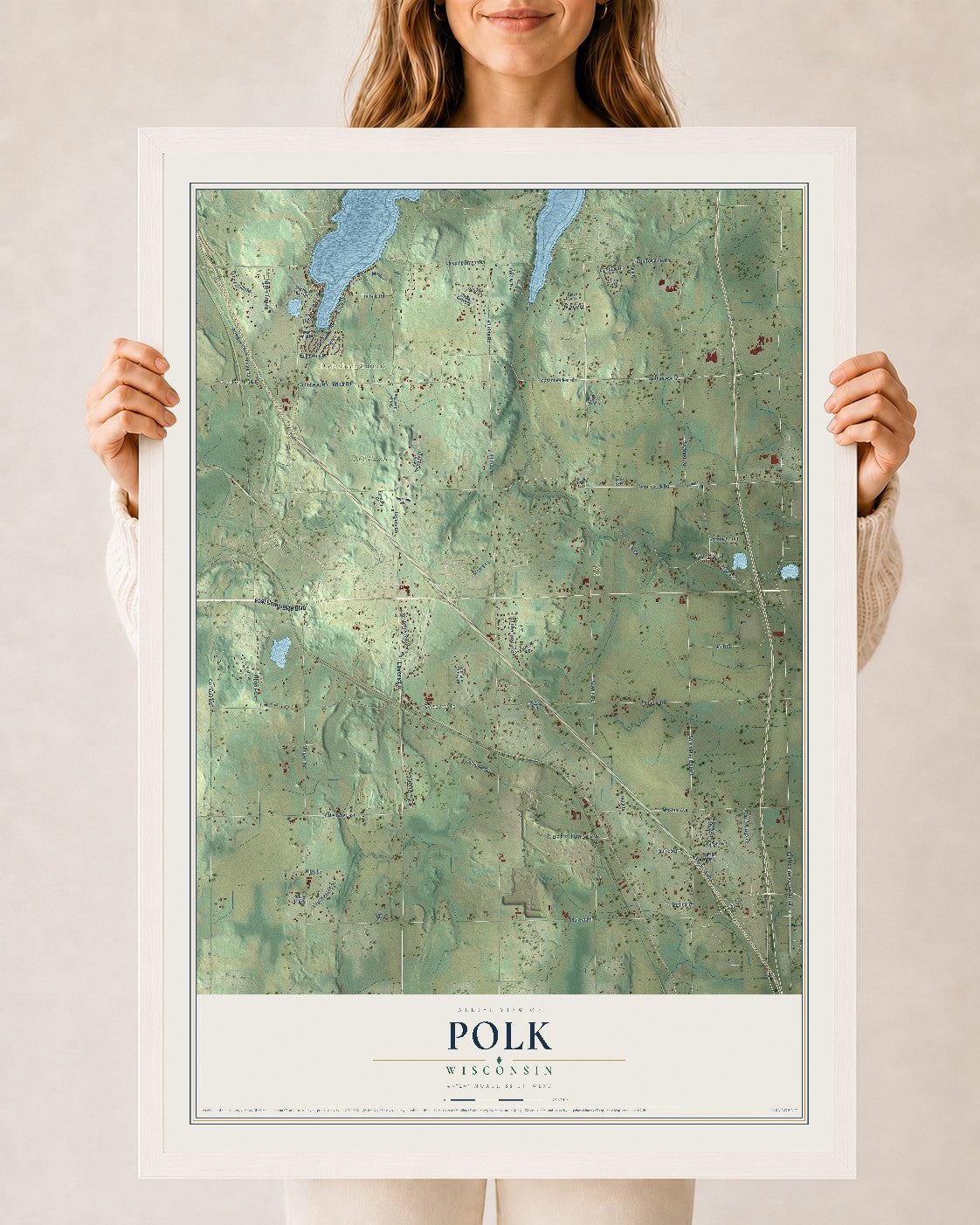 Map of Polk, Wisconsin, 24 x 36 inch print in a white wood frame