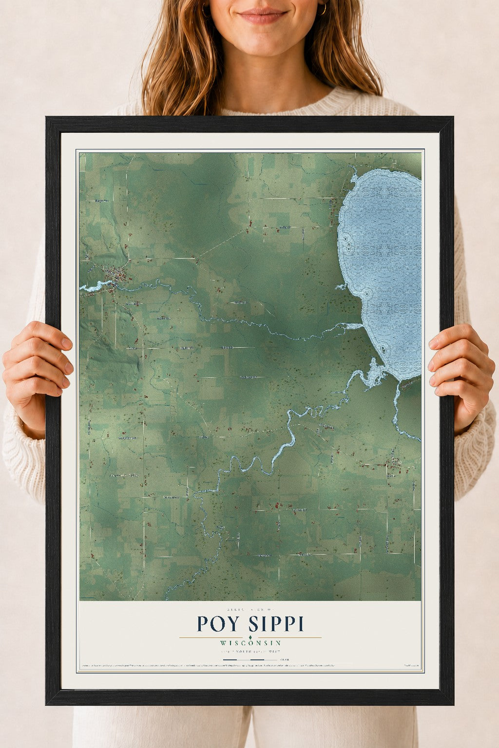 Map of Poy Sippi, Wisconsin, 18 x 24 inch print in a black wood frame
