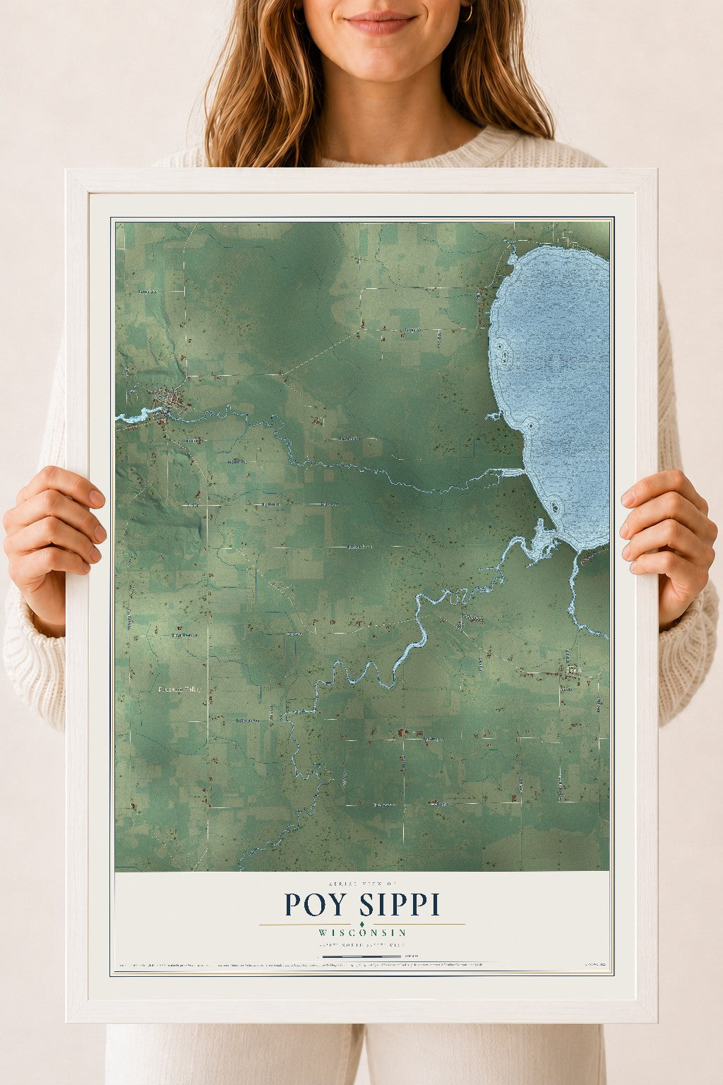 Map of Poy Sippi, Wisconsin, 18 x 24 inch print in a white wood frame