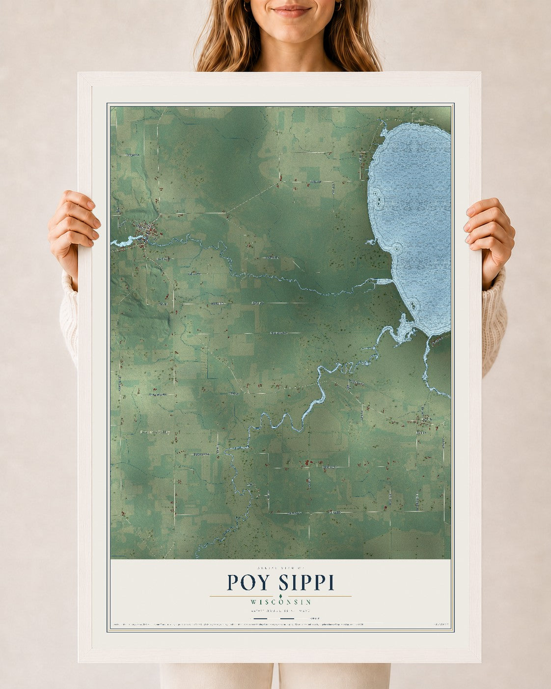 Map of Poy Sippi, Wisconsin, 24 x 36 inch print in a white wood frame