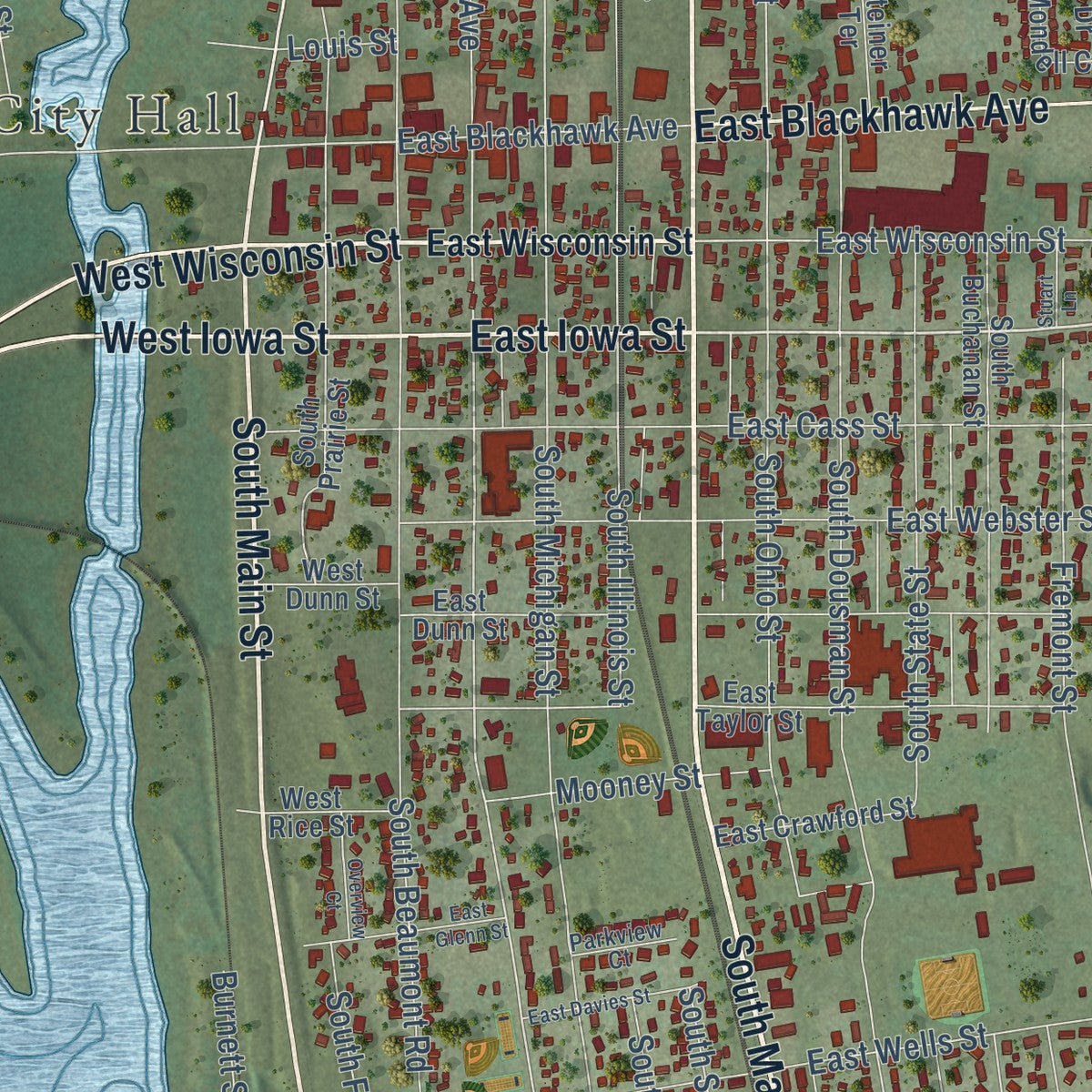 Close-up of the map of Prairie du Chien, Wisconsin print showing street and building detail