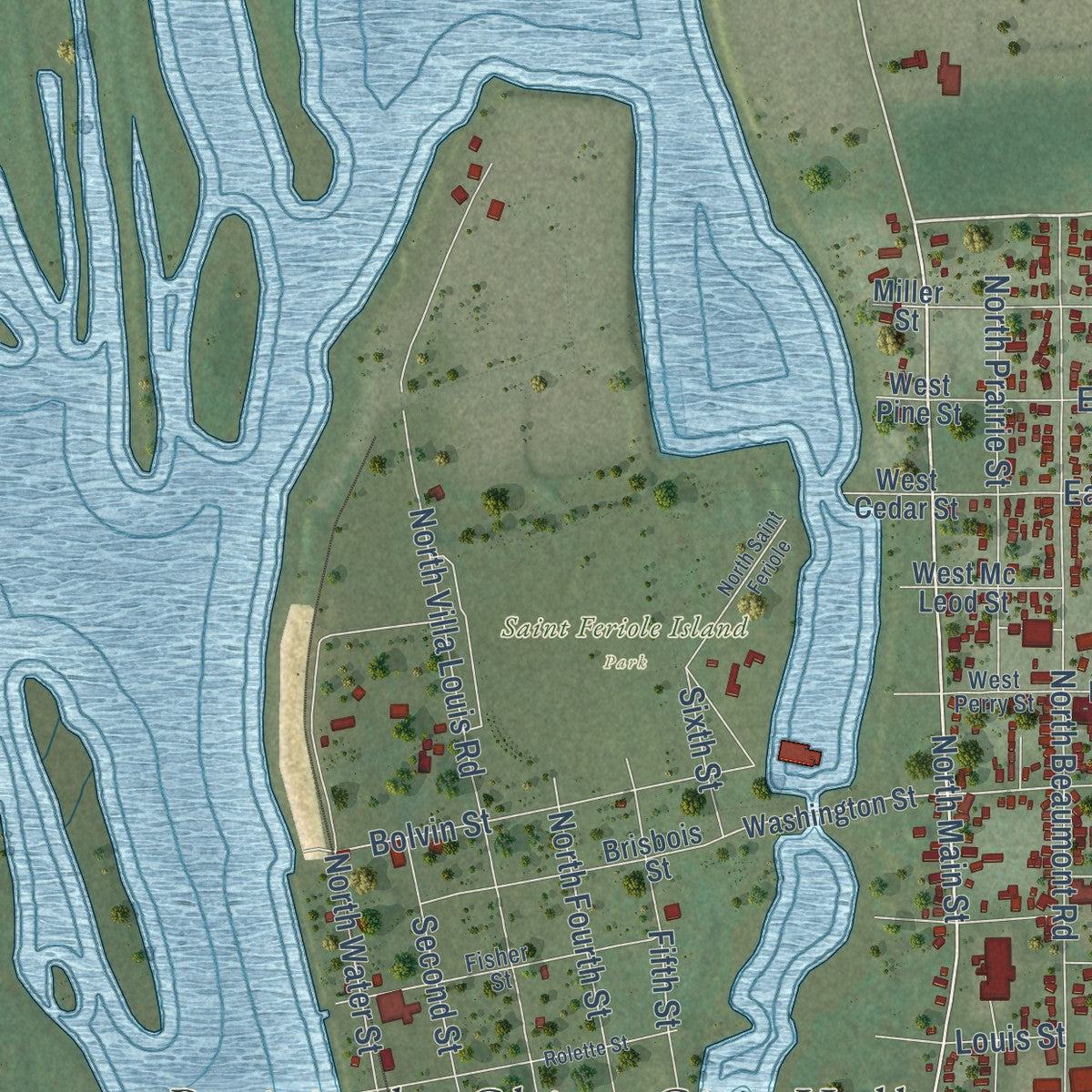 Second close-up of the map of Prairie du Chien, Wisconsin print showing more streets and buildings