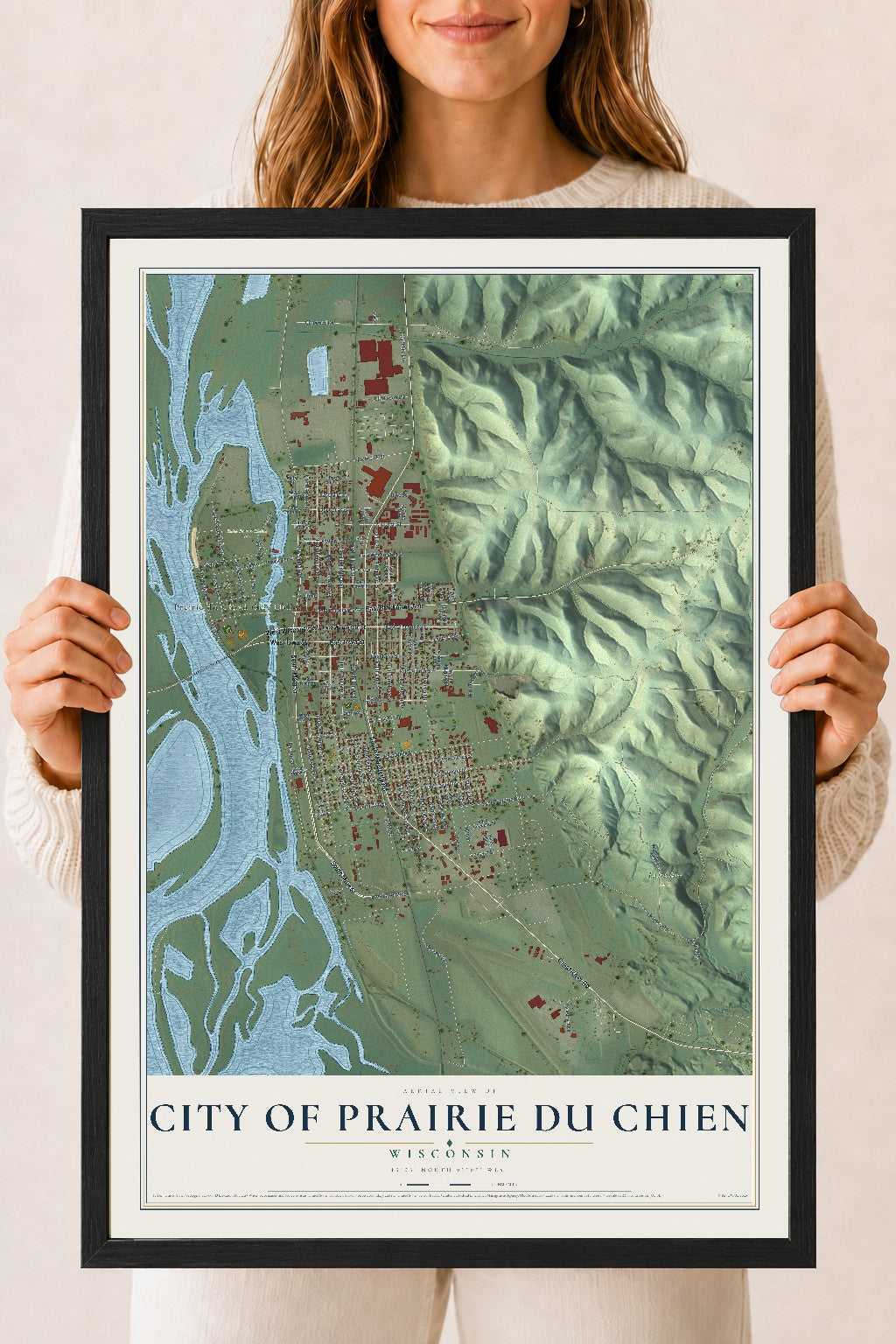 Map of Prairie du Chien, Wisconsin, 18 x 24 inch print in a black wood frame