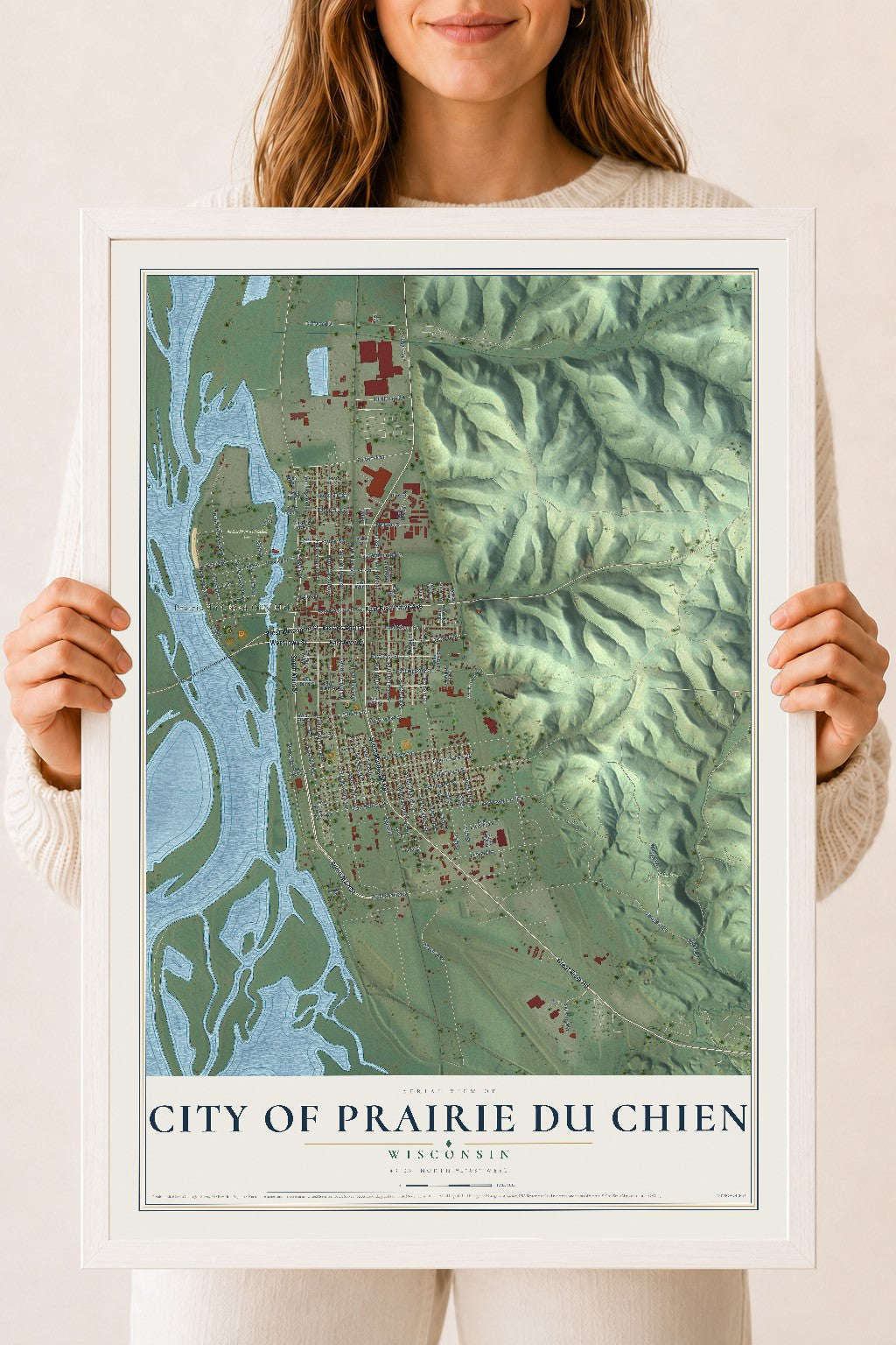 Map of Prairie du Chien, Wisconsin, 18 x 24 inch print in a white wood frame