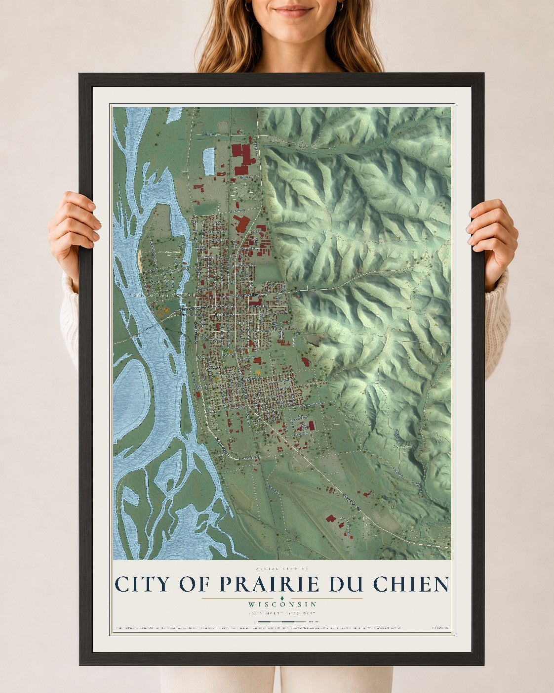 Map of Prairie du Chien, Wisconsin, 24 x 36 inch print in a black wood frame