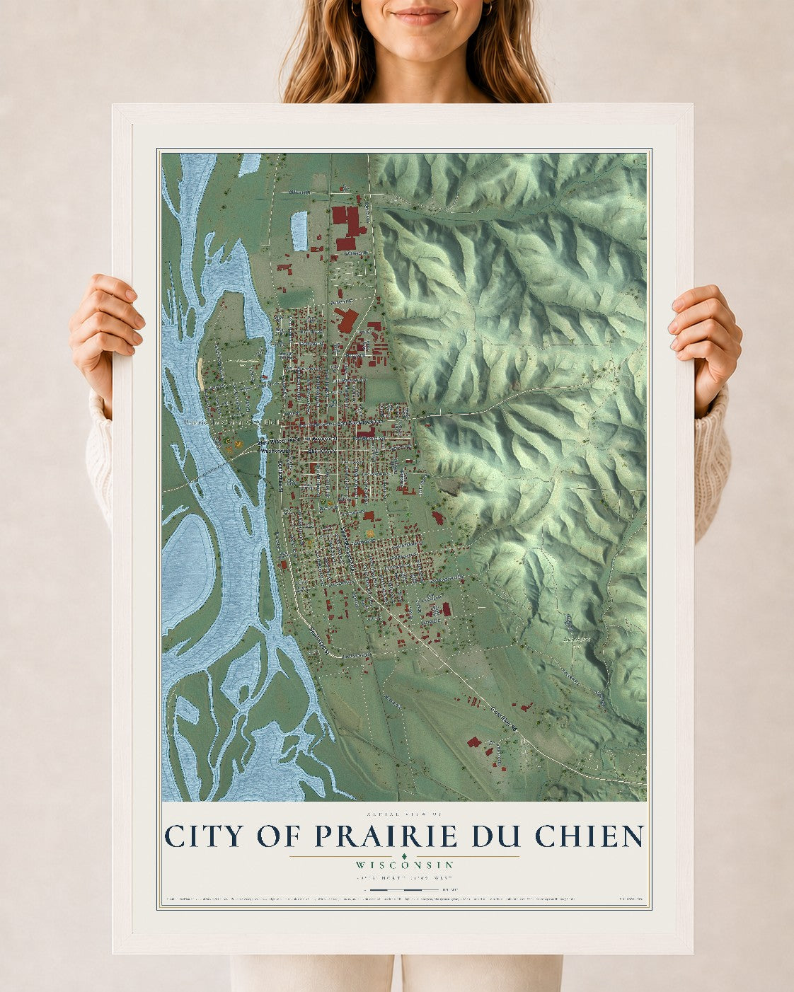 Map of Prairie du Chien, Wisconsin, 24 x 36 inch print in a white wood frame