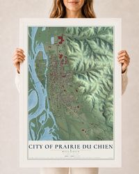Map of Prairie du Chien, Wisconsin, 24 x 36 inch print in a white wood frame