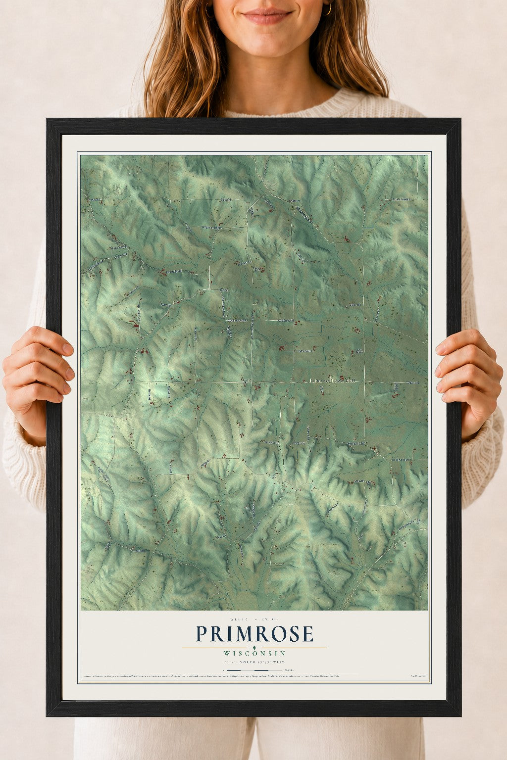 Map of Primrose, Wisconsin, 18 x 24 inch print in a black wood frame