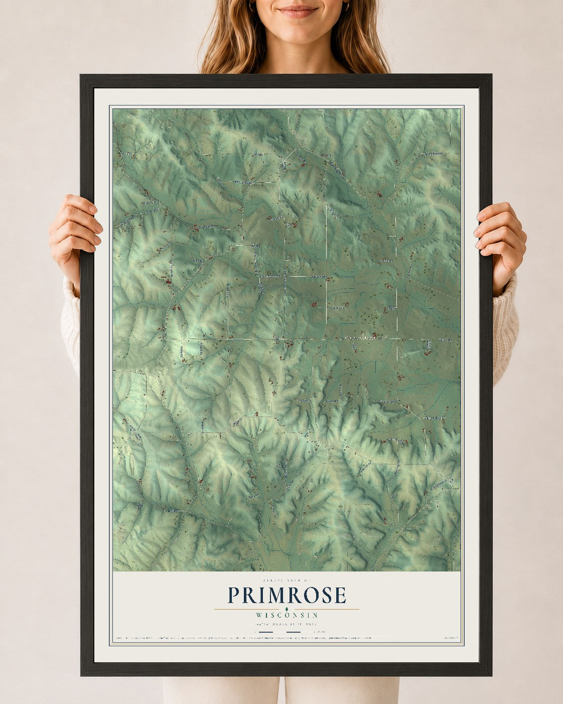 Map of Primrose, Wisconsin, 24 x 36 inch print in a black wood frame