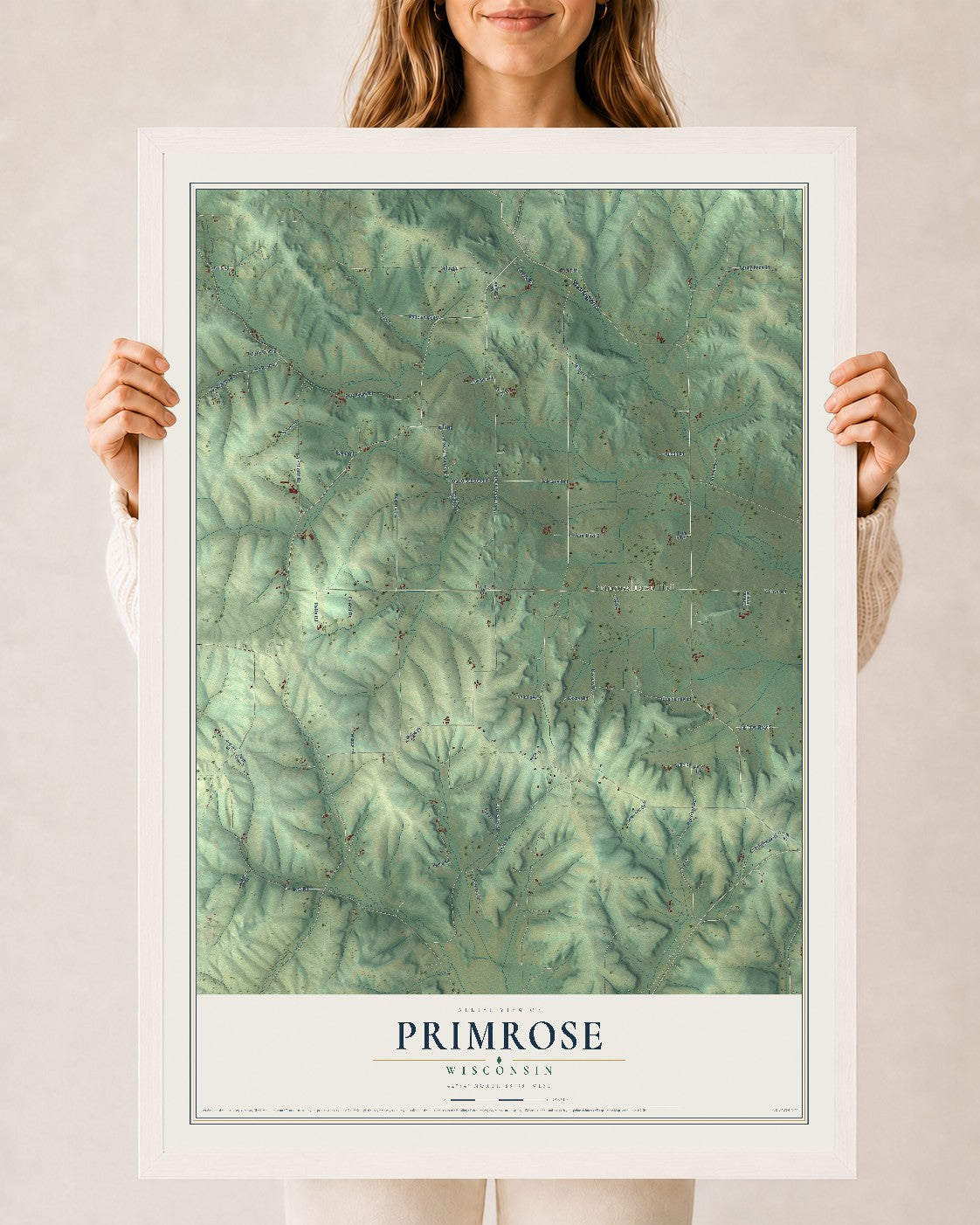 Map of Primrose, Wisconsin, 24 x 36 inch print in a white wood frame