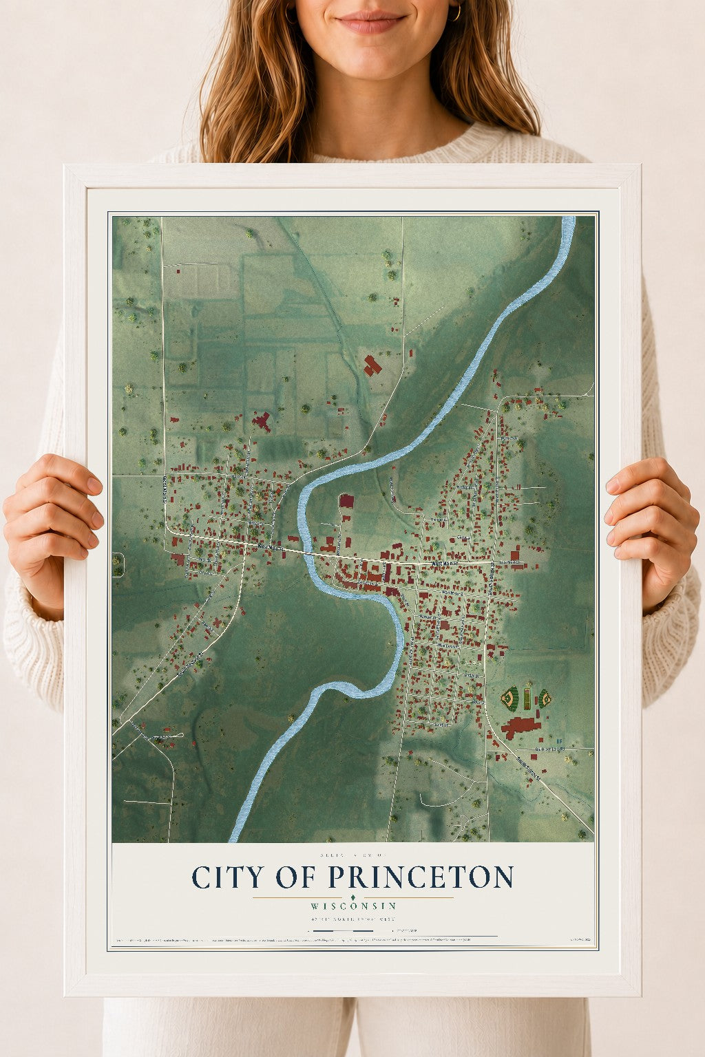 Map of Princeton, Wisconsin, 18 x 24 inch print in a white wood frame