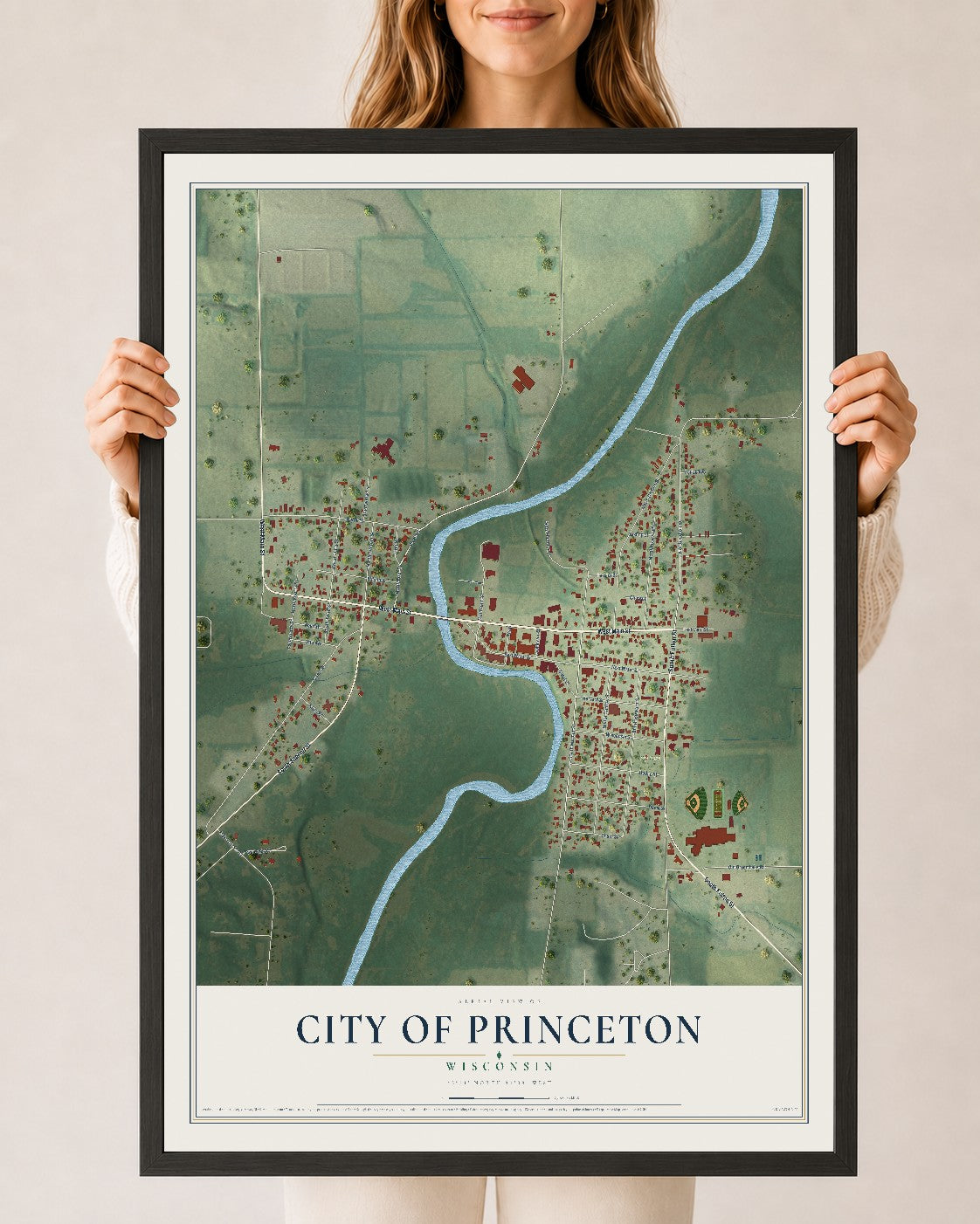 Map of Princeton, Wisconsin, 24 x 36 inch print in a black wood frame