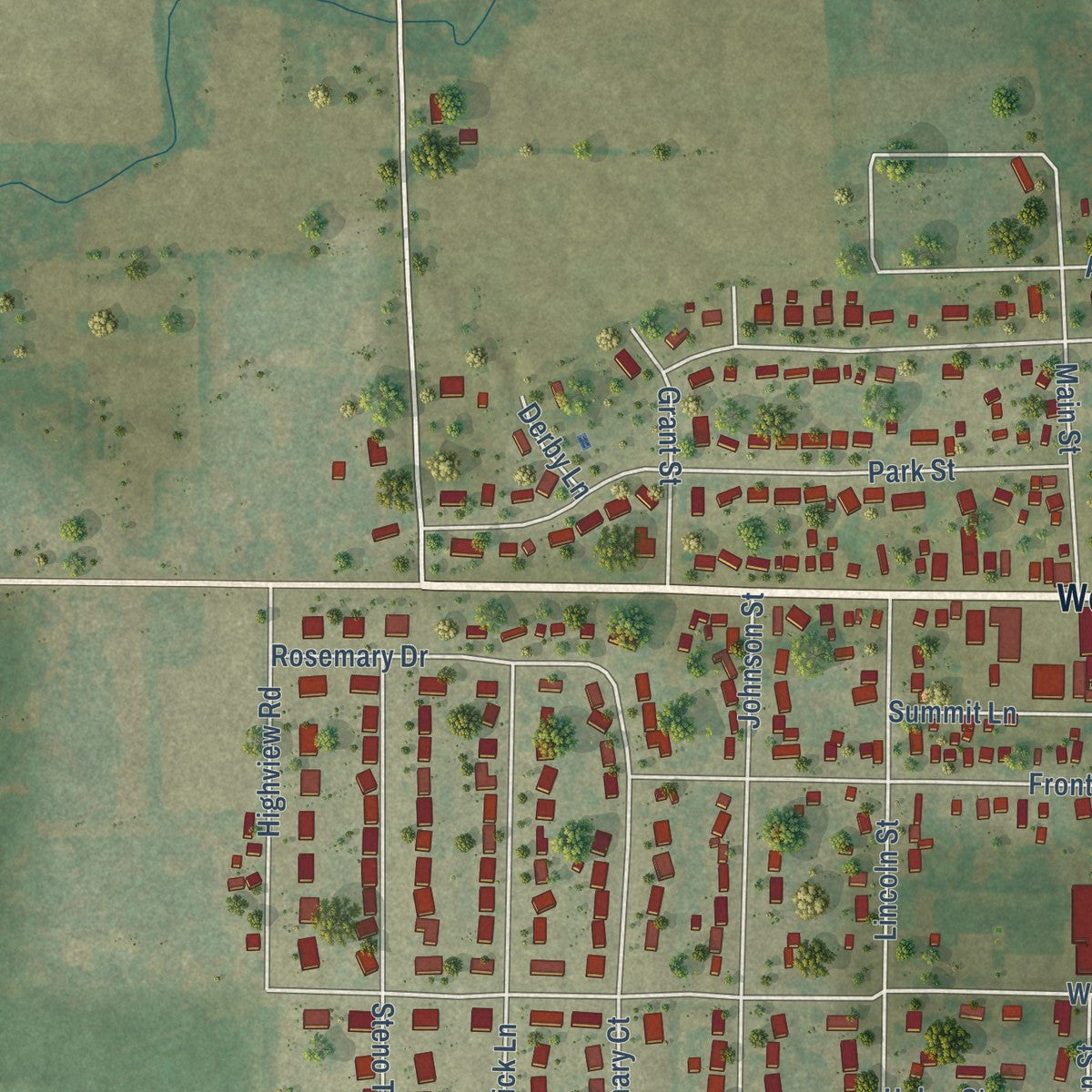 Second close-up of the map of Pulaski, Brown County, Wisconsin print showing more streets and buildings