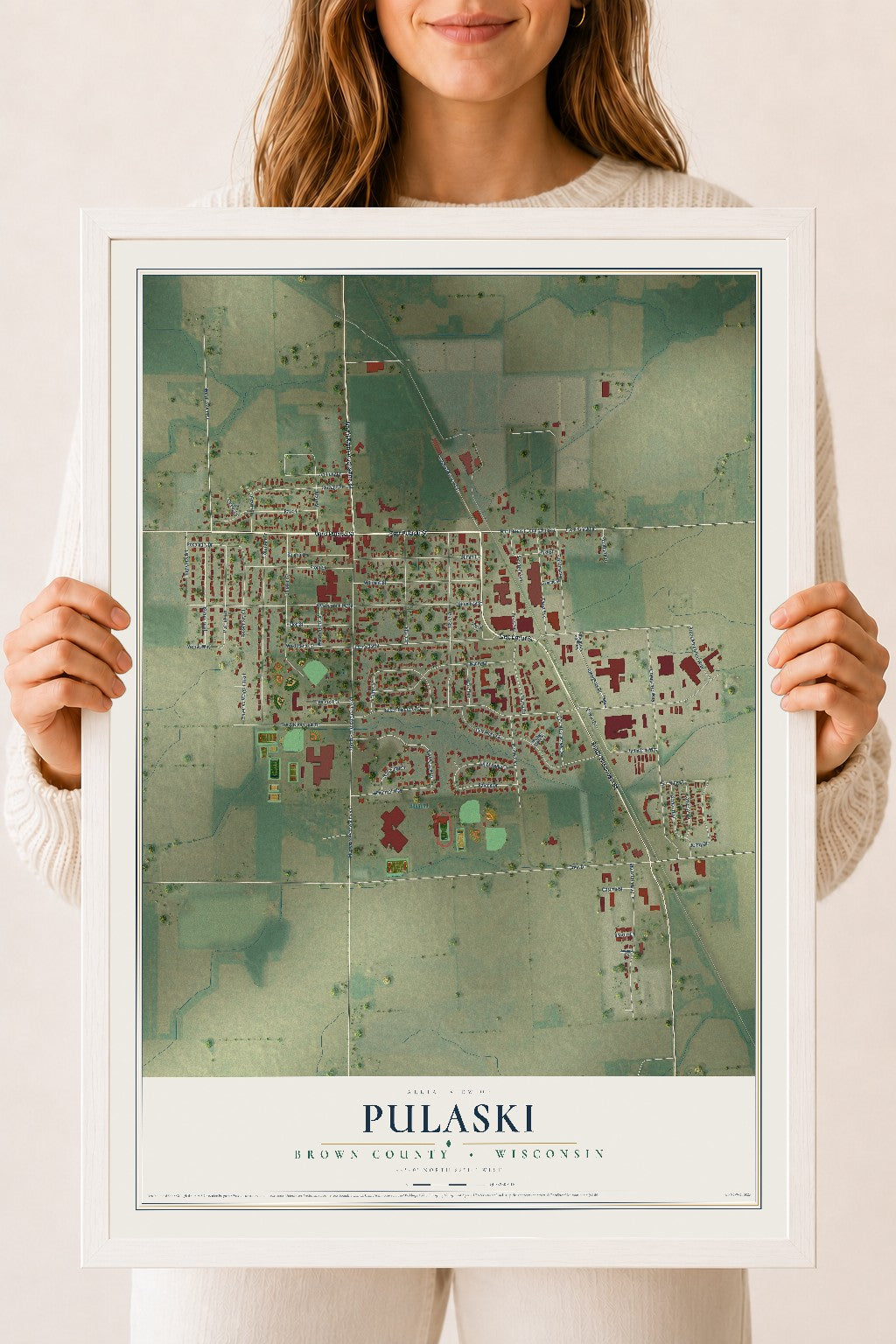 Map of Pulaski, Brown County, Wisconsin, 18 x 24 inch print in a white wood frame