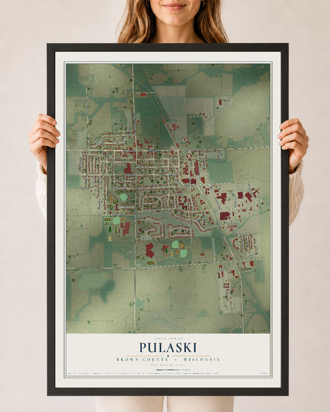 Map of Pulaski, Brown County, Wisconsin, 24 x 36 inch print in a black wood frame
