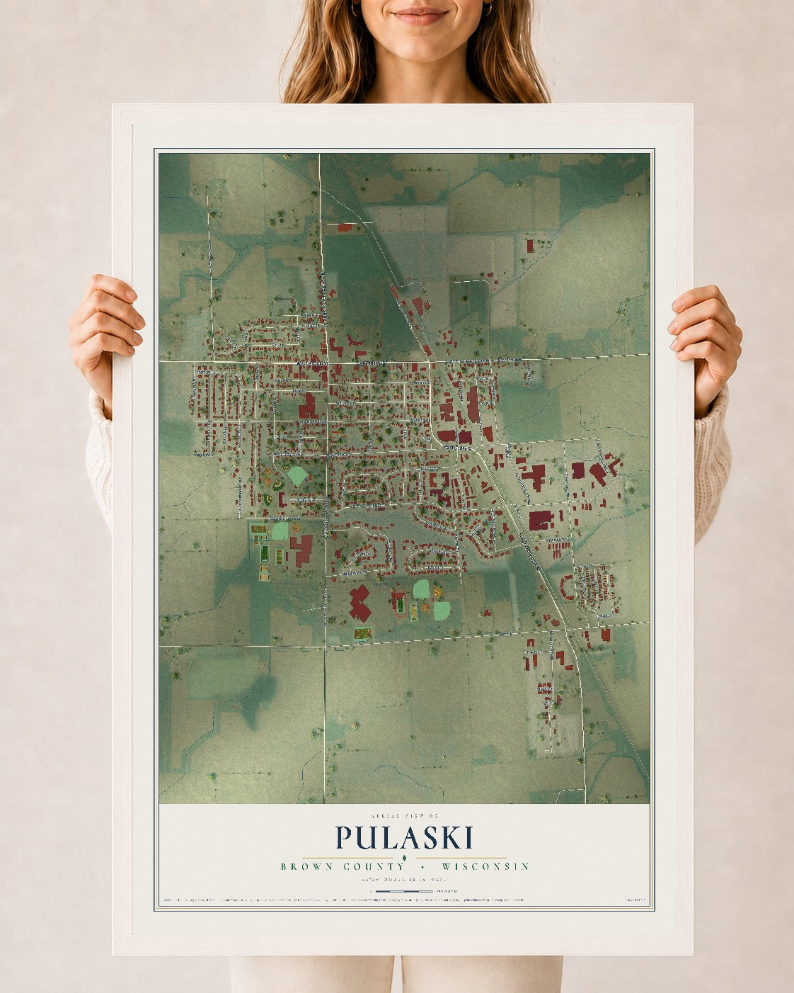 Map of Pulaski, Brown County, Wisconsin, 24 x 36 inch print in a white wood frame