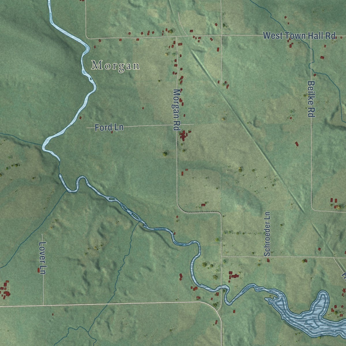 Second close-up of the map of Red Springs, Wisconsin print showing more streets and buildings