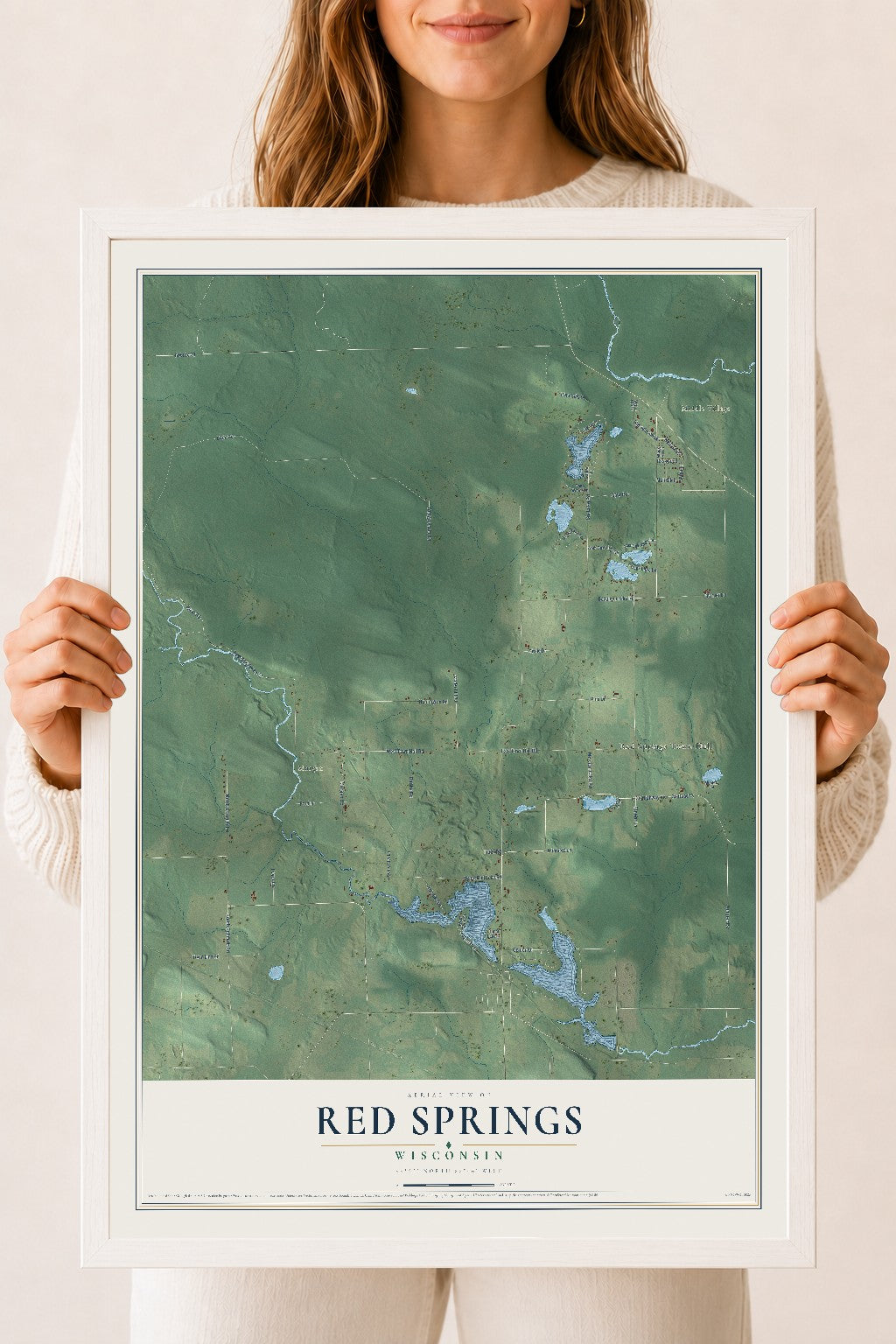 Map of Red Springs, Wisconsin, 18 x 24 inch print in a white wood frame