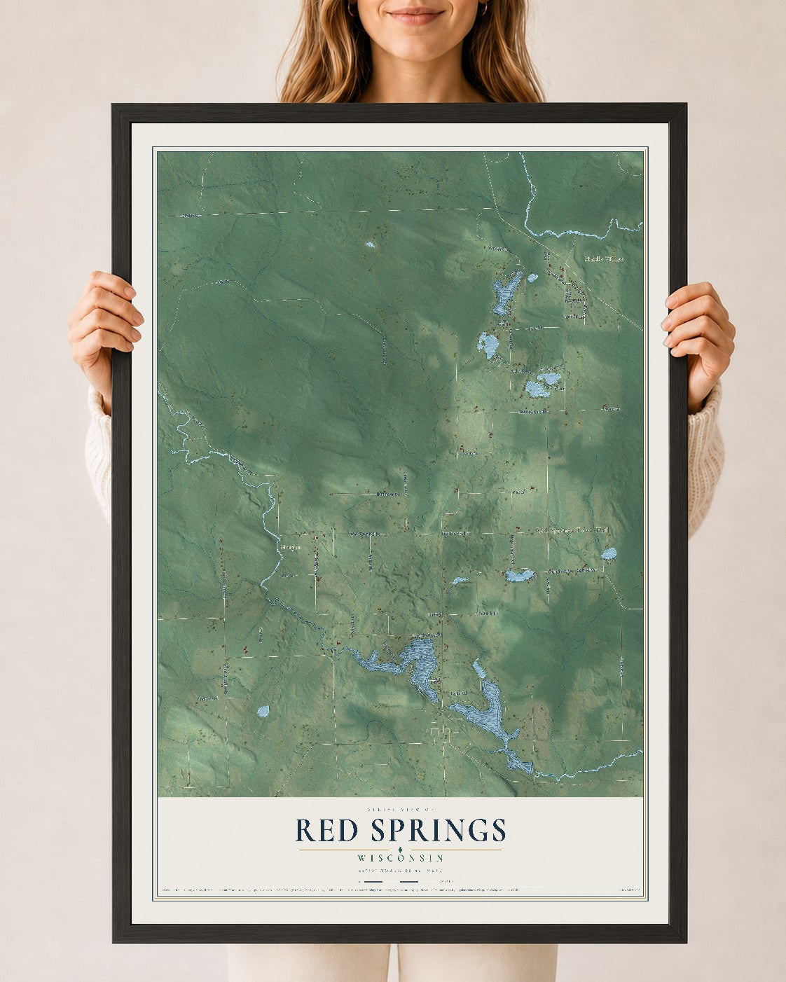 Map of Red Springs, Wisconsin, 24 x 36 inch print in a black wood frame