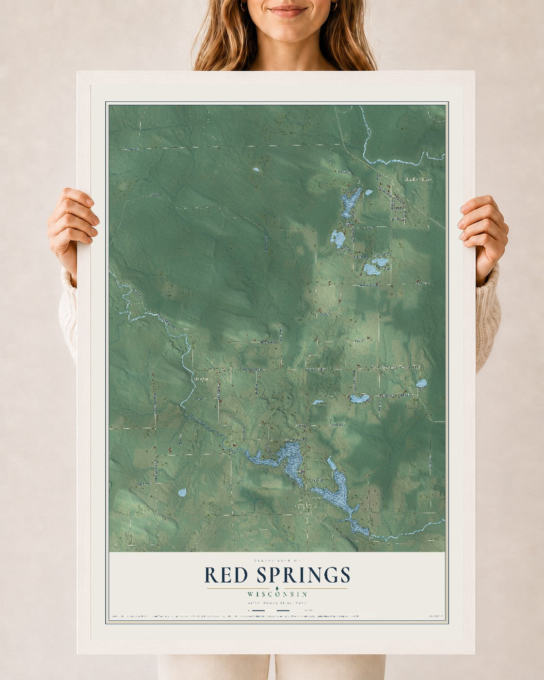 Map of Red Springs, Wisconsin, 24 x 36 inch print in a white wood frame
