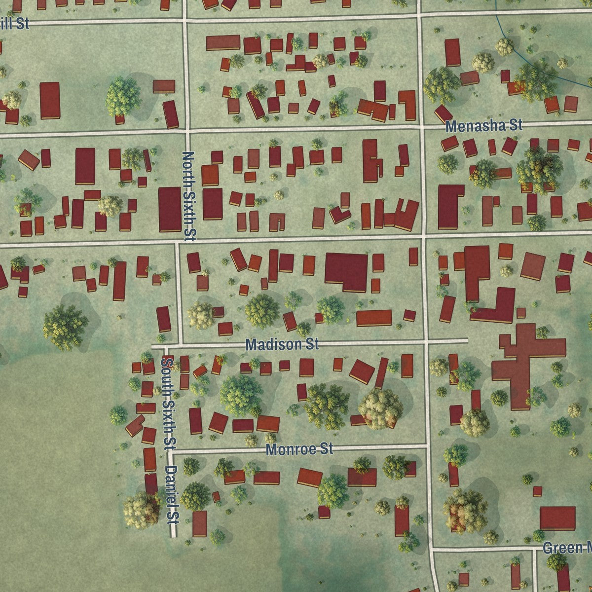 Close-up of the map of Reedsville, Wisconsin print showing street and building detail
