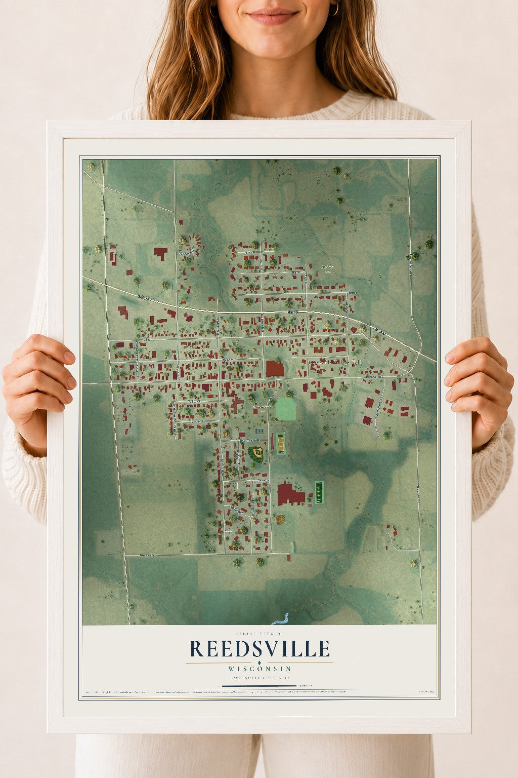 Map of Reedsville, Wisconsin, 18 x 24 inch print in a white wood frame