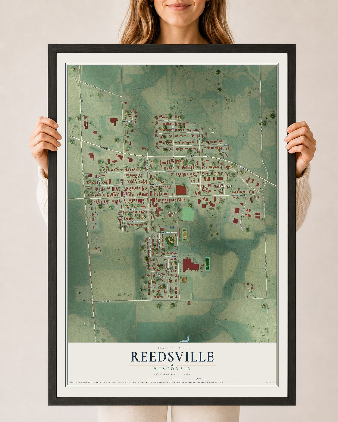 Map of Reedsville, Wisconsin, 24 x 36 inch print in a black wood frame