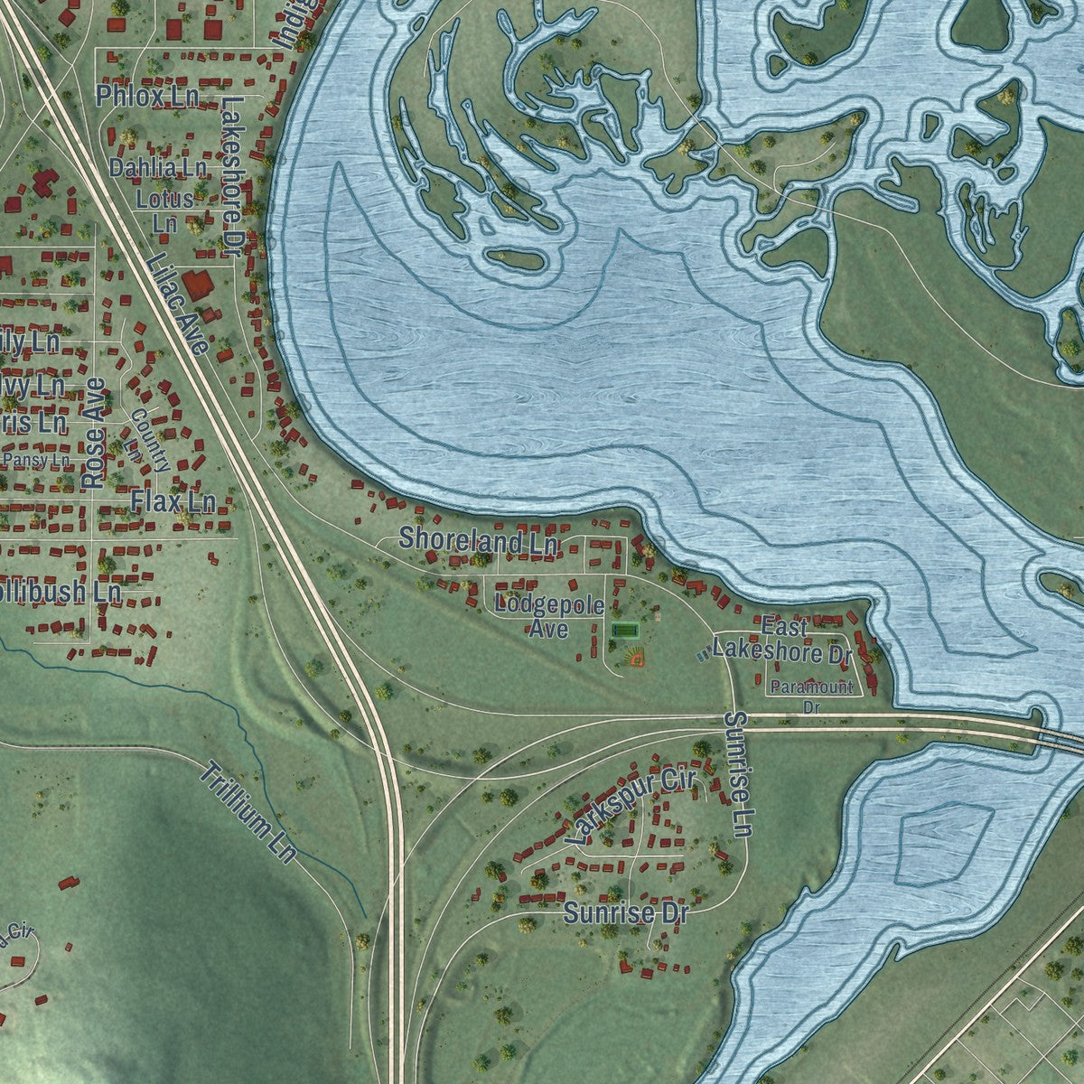 Close-up of the map of Rib Mountain, Wisconsin print showing street and building detail
