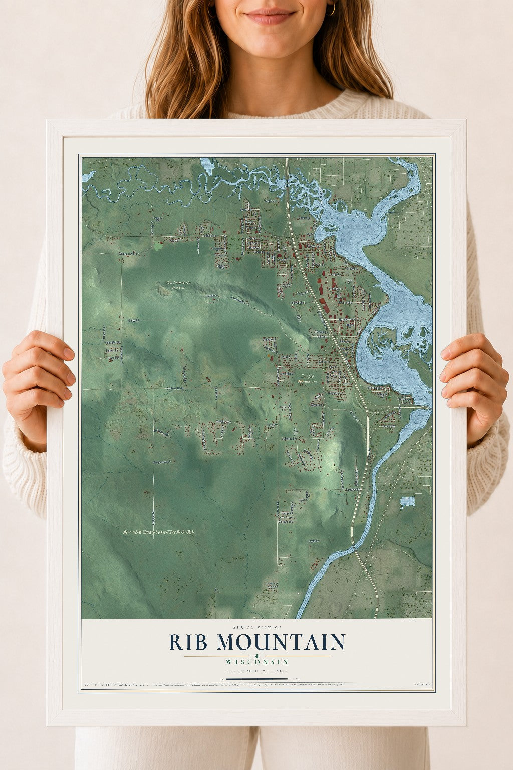Map of Rib Mountain, Wisconsin, 18 x 24 inch print in a white wood frame