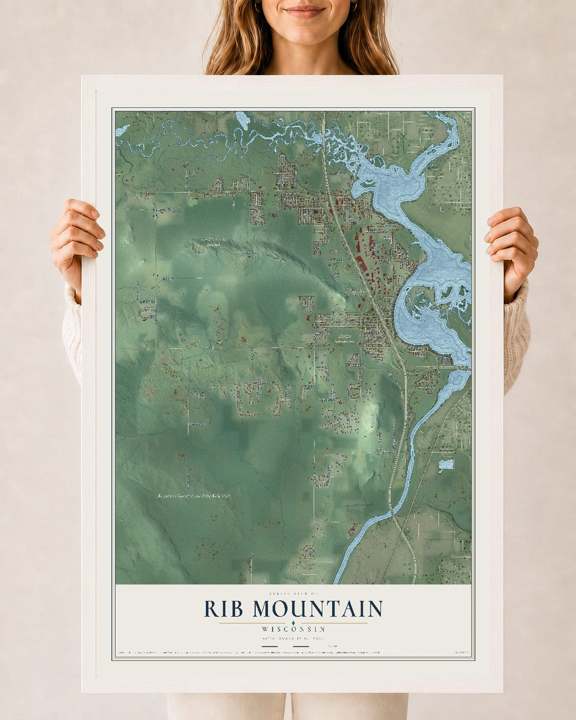 Map of Rib Mountain, Wisconsin, 24 x 36 inch print in a white wood frame