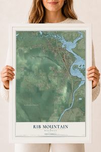 Map of Rib Mountain, Wisconsin, 18 x 24 inch print in a white wood frame
