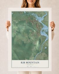 Map of Rib Mountain, Wisconsin, 24 x 36 inch print in a white wood frame