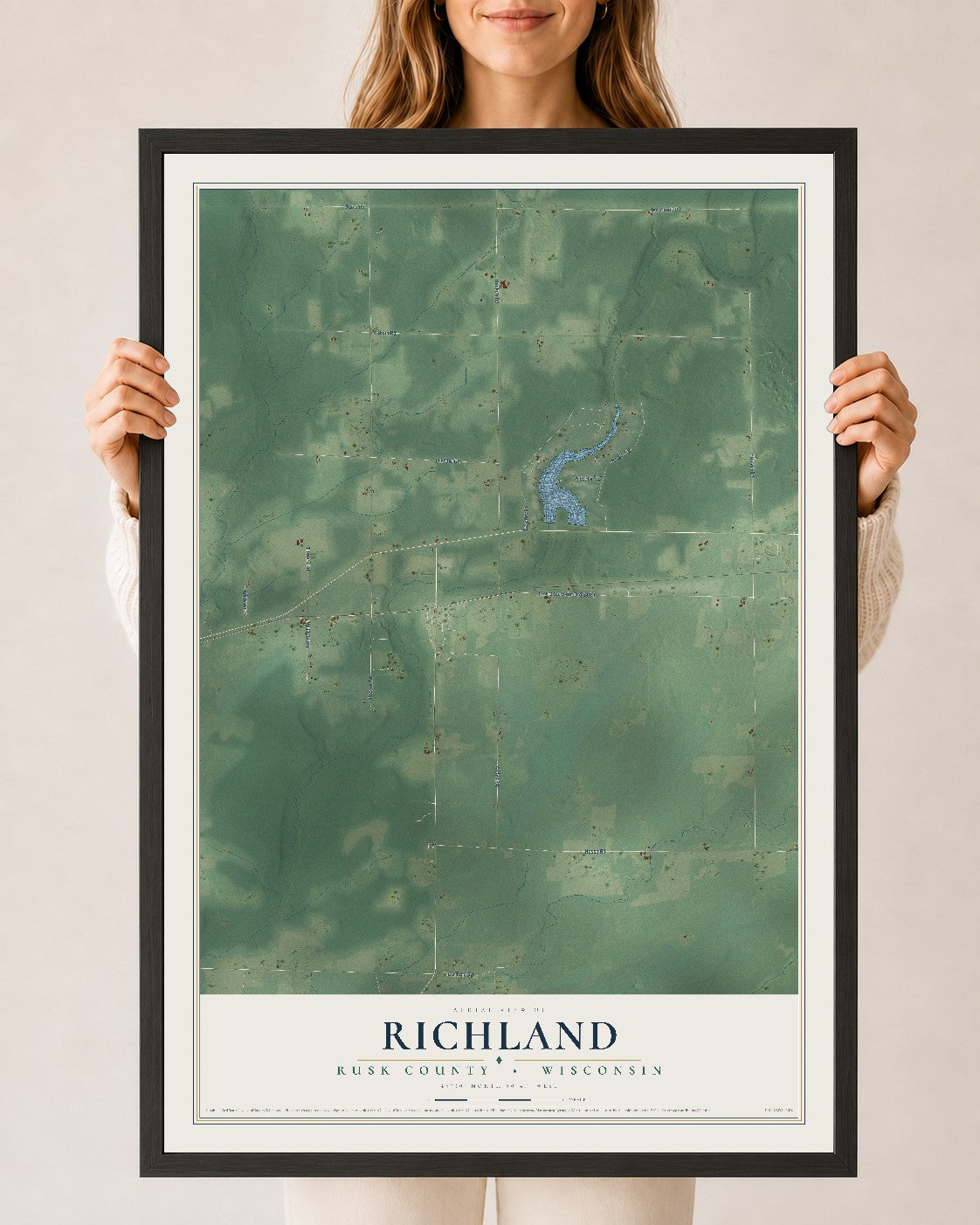 Map of Richland, Rusk County, Wisconsin, 24 x 36 inch print in a black wood frame