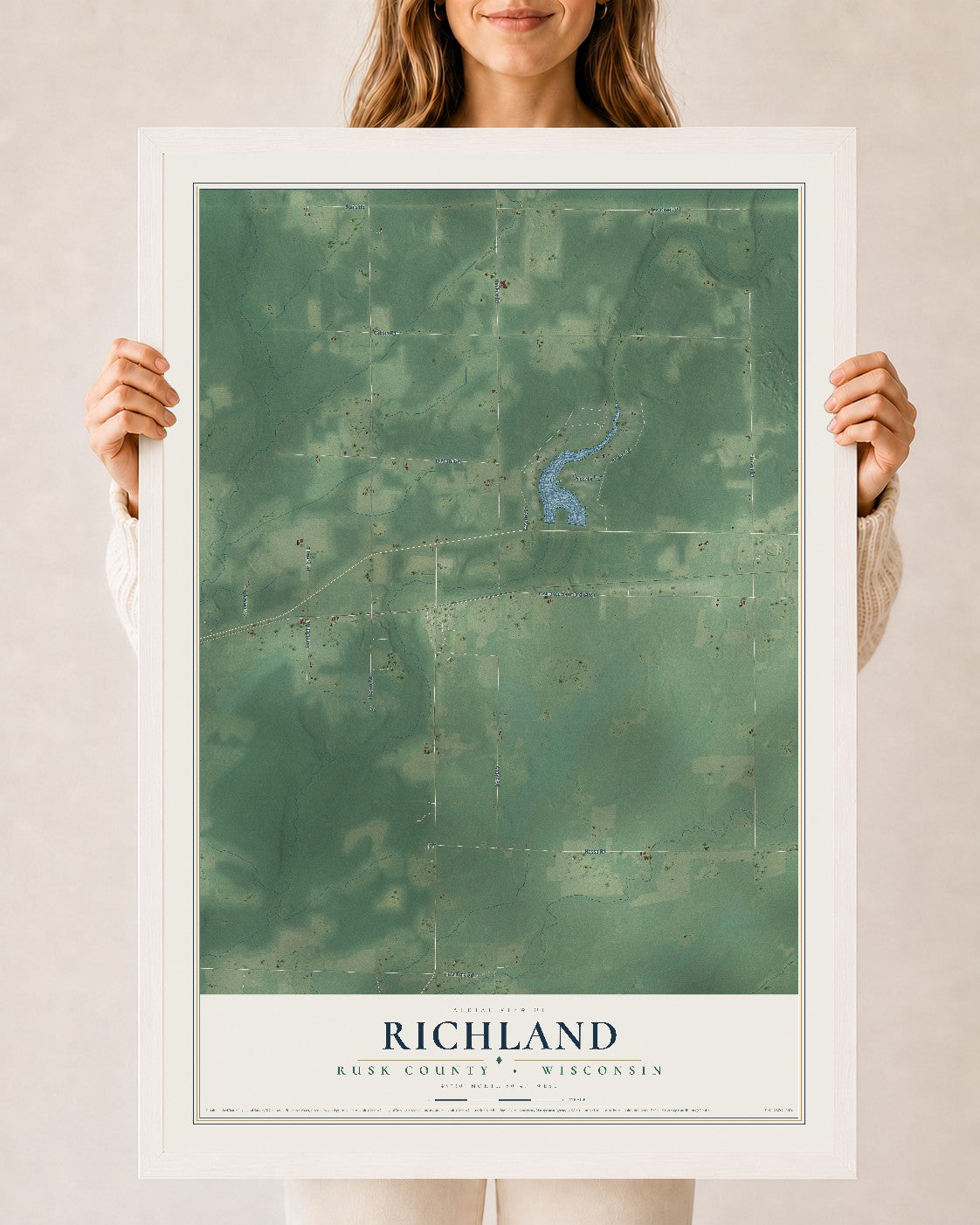 Map of Richland, Rusk County, Wisconsin, 24 x 36 inch print in a white wood frame