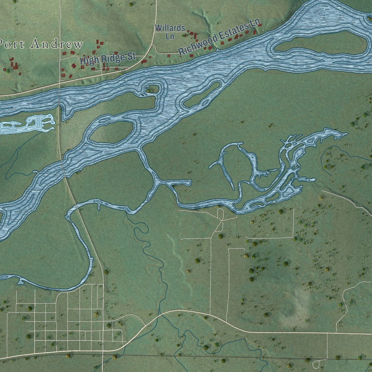 Close-up of the map of Richwood, Wisconsin print showing street and building detail