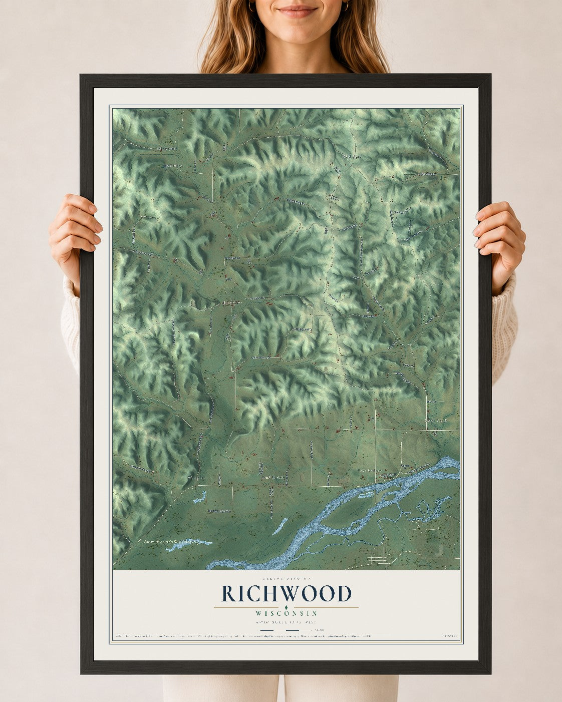Map of Richwood, Wisconsin, 24 x 36 inch print in a black wood frame