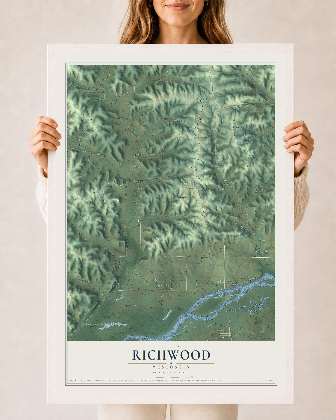 Map of Richwood, Wisconsin, 24 x 36 inch print in a white wood frame