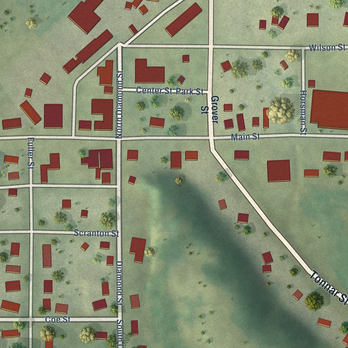 Close-up of the map of Ridgeland, Wisconsin print showing street and building detail